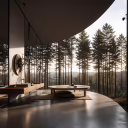 a living room with a large round couch and table