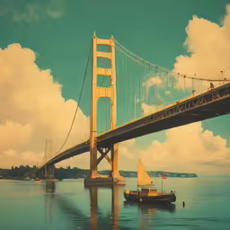 a large bridge with sailboats passing under it
