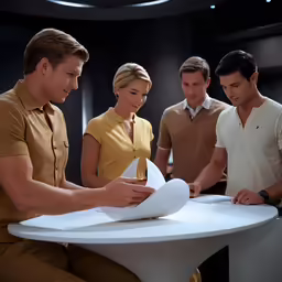 people looking at papers at a table