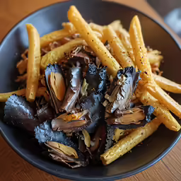 a black plate with some very pretty looking food