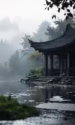 a pagoda in a garden and some water
