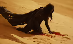 a woman in black dress laying on sand in desert