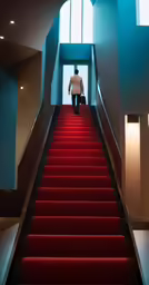 a man in shirt walking up the stairs