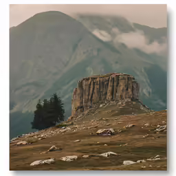 rocks and grass on a hill with mountains in the background