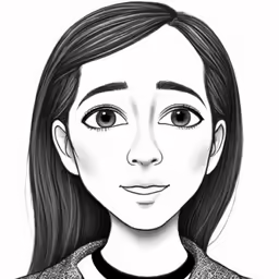 a young girl with long hair is drawn in black and white