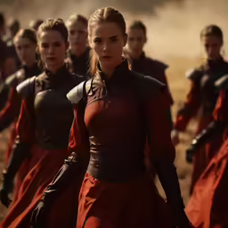a bunch of women dressed in red are marching down the street