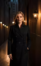a young woman in a coat stands in the dark