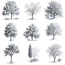six different trees in various shapes and sizes