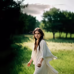 the woman is walking in the grass wearing white