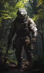 a man wearing army gear and with a gun is walking in the woods