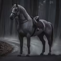 a white horse standing on top of a road in the dark