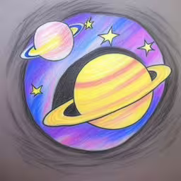 the sun and saturn with stars on it,a drawing of a saturn with three small stars in the center,drawing of the planets for a kids room,drawing of the solar system with colored pencils,a picture of a saturn with stars and the planet on it
