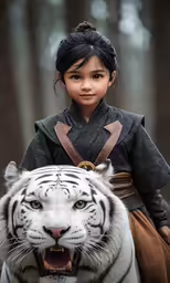 an asian girl with an armor riding on a white tiger