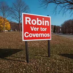 a red sign that is in the grass