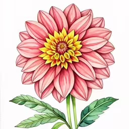 a pink flower with a yellow center sitting next to green leaves,watercolor flower with leaves in a white background,a close up of a flower with a green plant in the foreground,a colorful flower with green leaves on the top,a drawing of a pink flower on white paper