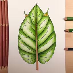 a green leaf with three small flower buds on top of it,a drawing of a green leaf, with two pieces of wood and pencils in the background