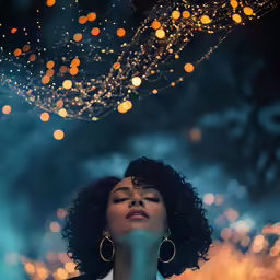 a woman holding a cellphone under a decorated string of lights