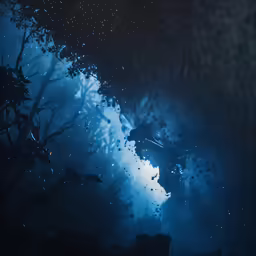 blue light from the tree and the sky are reflected in water