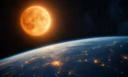 the earth at night with the moon visible