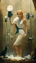 a woman in a white dress and blue bow holding an animal