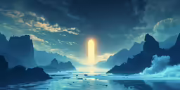 some water some rocks and a light some clouds