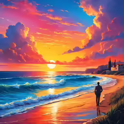 the painting depicts a sunset on a beach with man walking in the sand