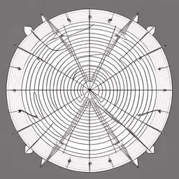 an overhead view of a circle of arrows,a circle with arrows on the middle,a black and white photo of a circular graphic,a circular drawing with arrows and the center point,the center point of an object with arrows on it