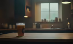 a table with a glass on top and a window