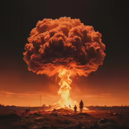 two people are watching an explosion at sunset
