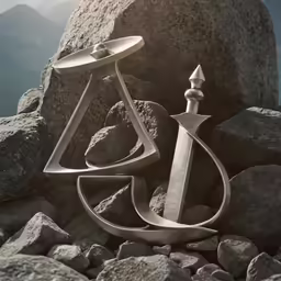 a metal hook and an anchor on top of rocks