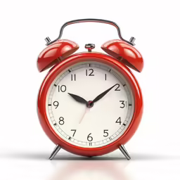 an old fashioned red alarm clock with one in the foreground