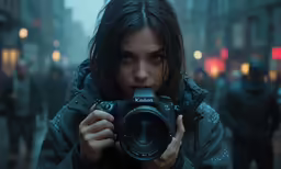 a young woman holding a camera while standing in the middle of a street