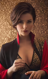a model with red and black clothes standing near a gold glitter background