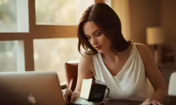 a young lady in a white blouse is on her laptop and working on her desk
