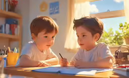 the little boys are writing on the paper together