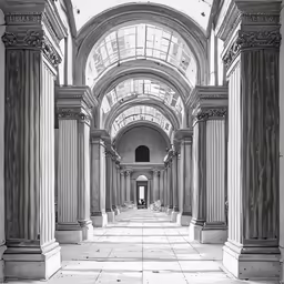 a big building has pillars and arches in it