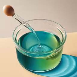 a glass bowl filled with water and a wooden spoon