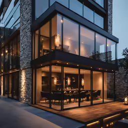 a modern glass house with outdoor dining and a covered deck
