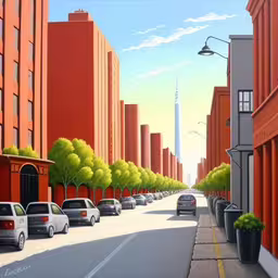 the painting shows cars in a city street