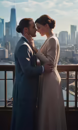 a man and woman are standing in front of the water