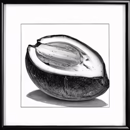 a black and white photograph of a fruit, half an apple