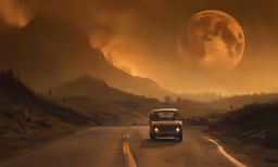 a car driving on an empty road at night