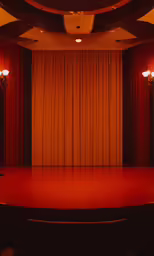 a large round table in front of a stage
