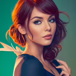 beautiful redhead woman with short hair with flowing leaves
