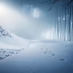 tracks in the snow near a forest with no leaves