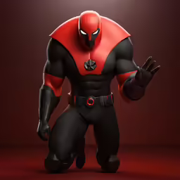 a cartoon character in black and red, with a red jacket