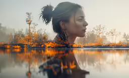 a woman with a ponytail standing next to water