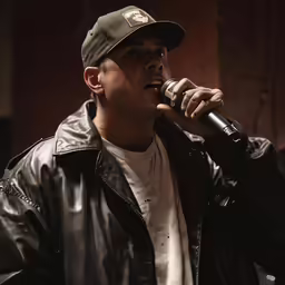 a man in leather jacket holding up a microphone to his mouth