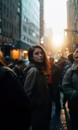 a girl standing on a city street in the dark