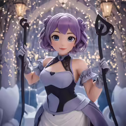 an animation image of a women wearing a costume holding some poles